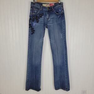 The Great China Wall Blue Boot Cut Jeans with Black Embroidery